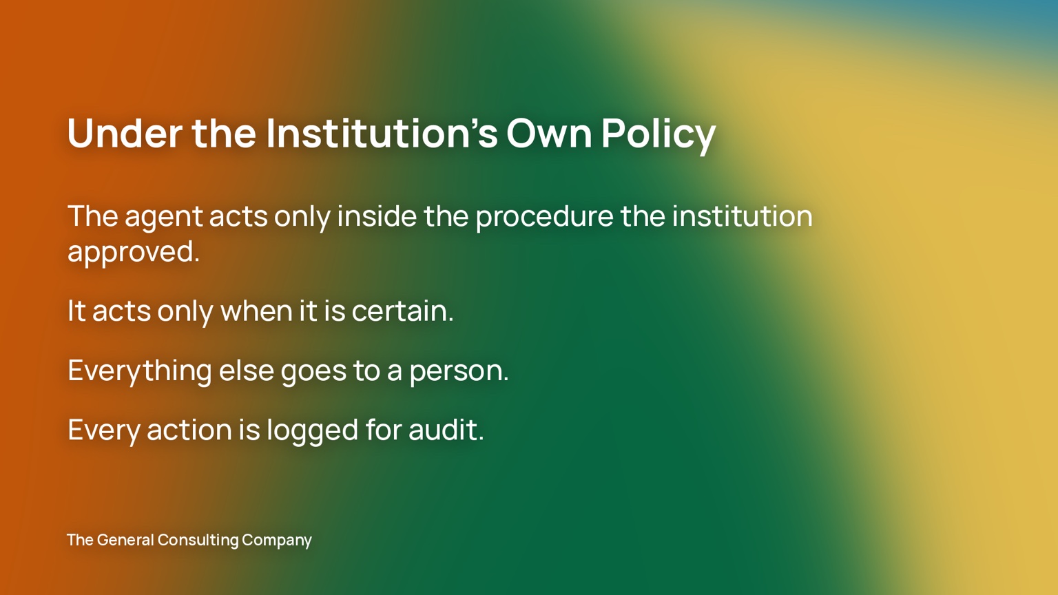 Under the institution’s own policy: the agent acts only inside the approved procedure, only when it is certain, everything else goes to a person, and every action is logged for audit